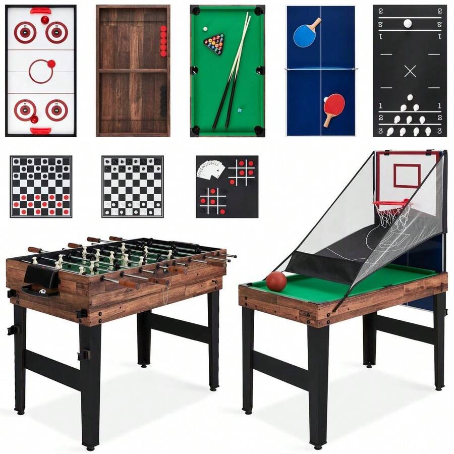 Combo Game Table Set For Home, Game Room, Friends Amp Family W Ping Pong, Foosball, Basketball, Air Hockey, Archery, Chess, Che - Walnut-13-in-1 - View 1