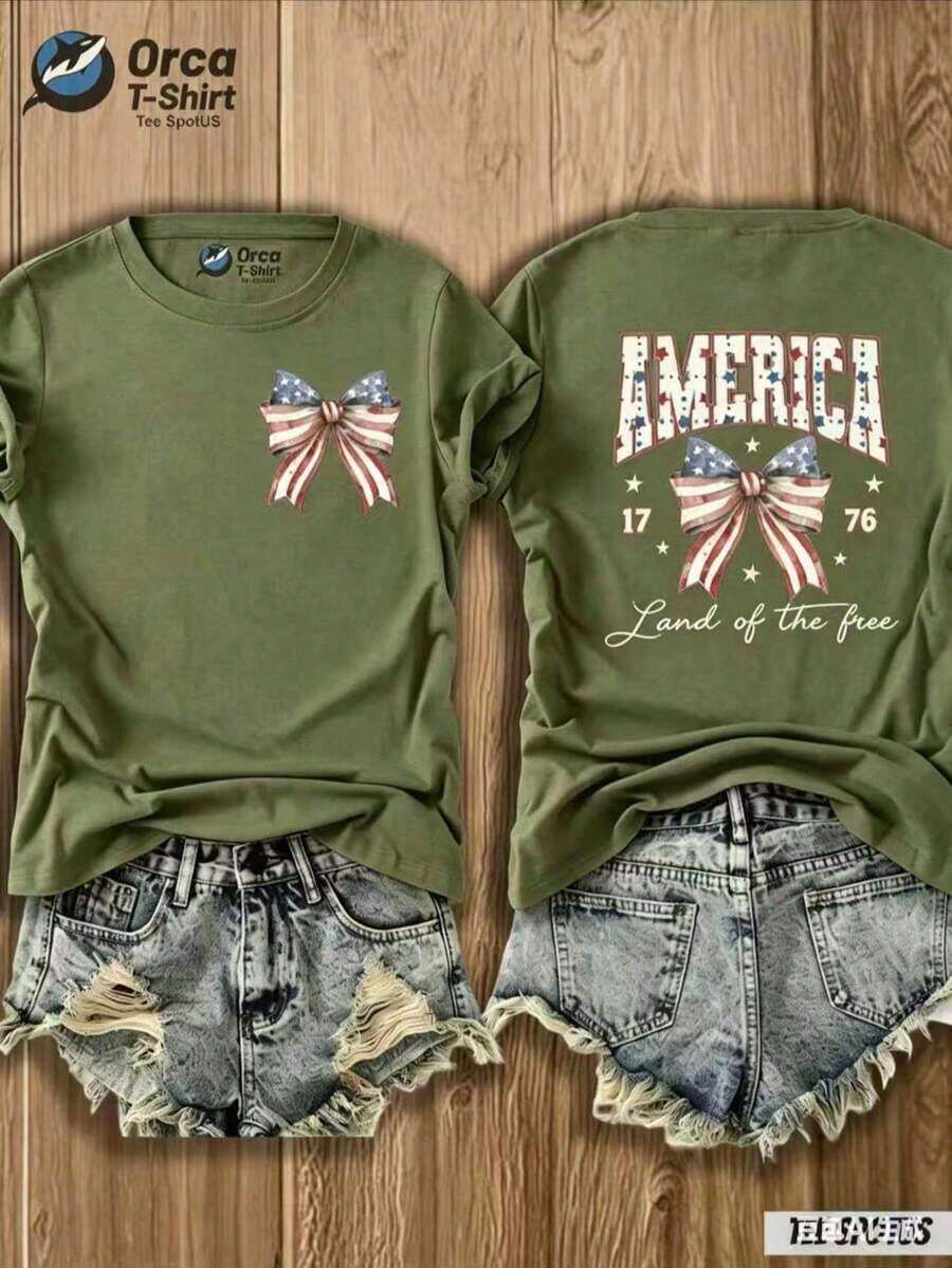 Cute Premium Unisex Casual T-Shirts For Women, T-Shirt With American "Land Of The Free" Flag And Ribbon Print - 4th Of July Outfit, Casual Crew Neck Top With Map Design, Suitable For Spring Summer, Gift (Local Shipping) - Army Green - View 1