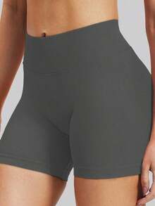 Pantalones cortos de yoga sin costuras de cintura alta para mujer - Levantamiento de glúteos elástico, adecuado para correr, fitness y actividades al aire libre| Apariencia de moda| Tela elástica de verano - Gris Oscuro - Ver 9