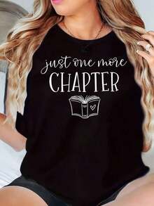 Women's Crew Neck T-Shirt With "Just One More Chapter" Book Print, Casual Loose Fit Graphic Tee For Book Lovers, Blouse, Shirt > Beautiful. - Black - View 8