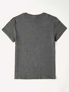 1 pieza de impresionante camiseta estampada, top casual de manga corta y cuello redondo, estilo primavera/verano, ropa de mujer, 180g 100% algodón. - Negro - Ver 11
