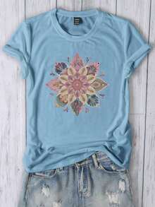 Y2K Style, Fashionable Style, 2026 Newest, Cute Style, Casual Style. Women's Retro Floral Print Slim Fit Casual T-Shirt For Summer 180g (S-XXXL) - 藍色的 - 查看 5