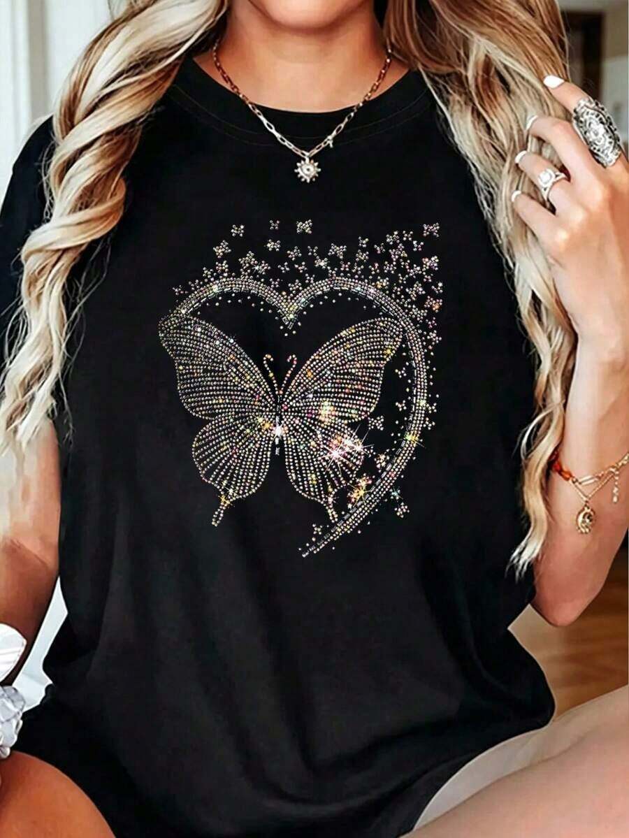 Free Shipping, Local Delivery In Mexico, Delivery In 4 Days. Women's T-Shirt With Blue Butterfly - Elegant Style, Size, White. - -1 - 查看 1
