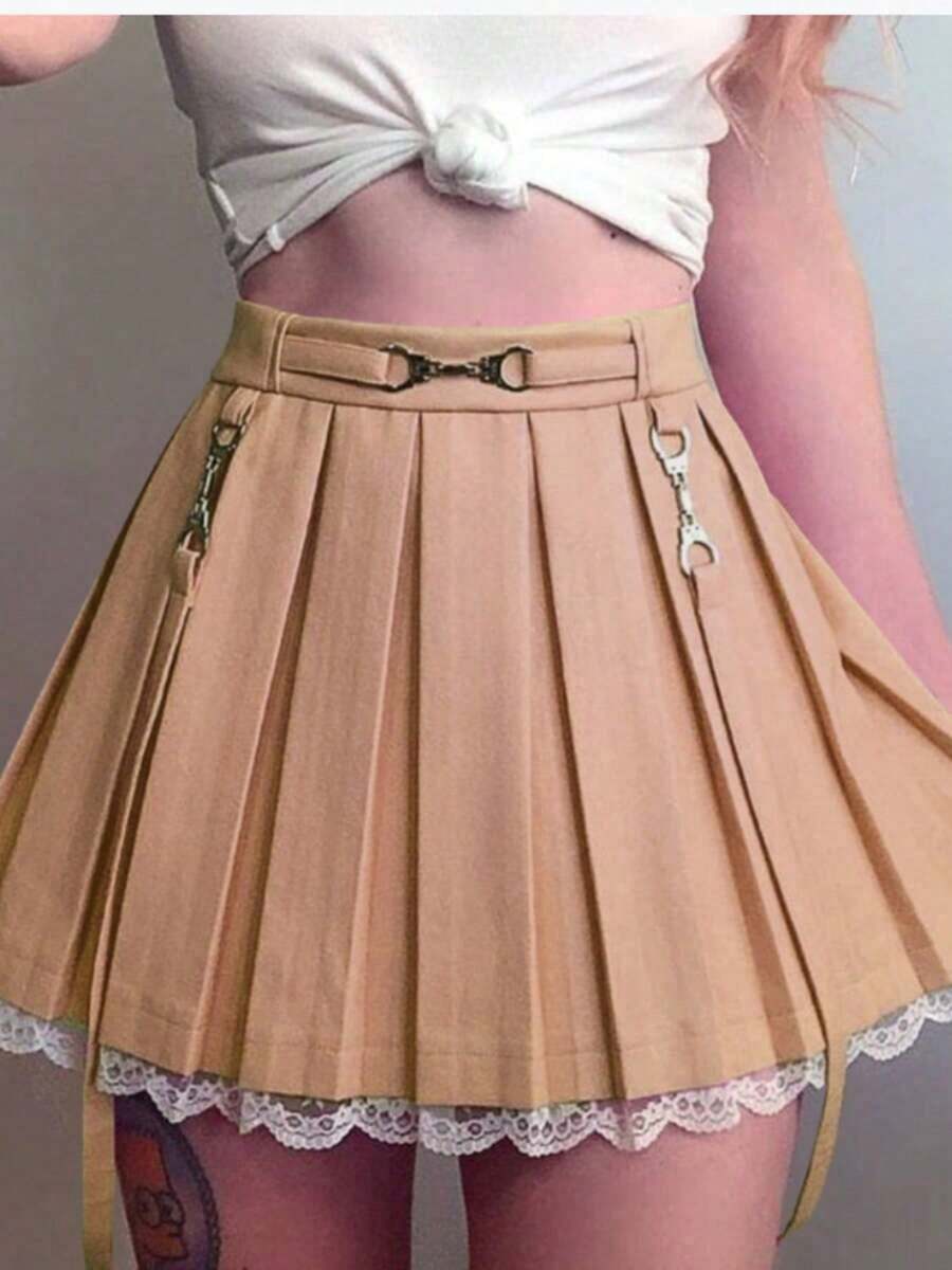 Falda gótica de cintura alta para mujer, falda plisada de encaje, minifalda con tirantes Y2K, falda corta acampanada, falda Harajuku - Caqui - Ver 1