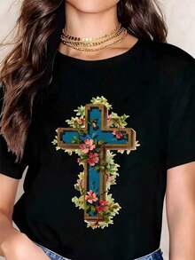 White T-Shirt With Floral Cross Print, Christian Religious Design For Casual Wear And Everyday Outfits - màu đen - Xem 9