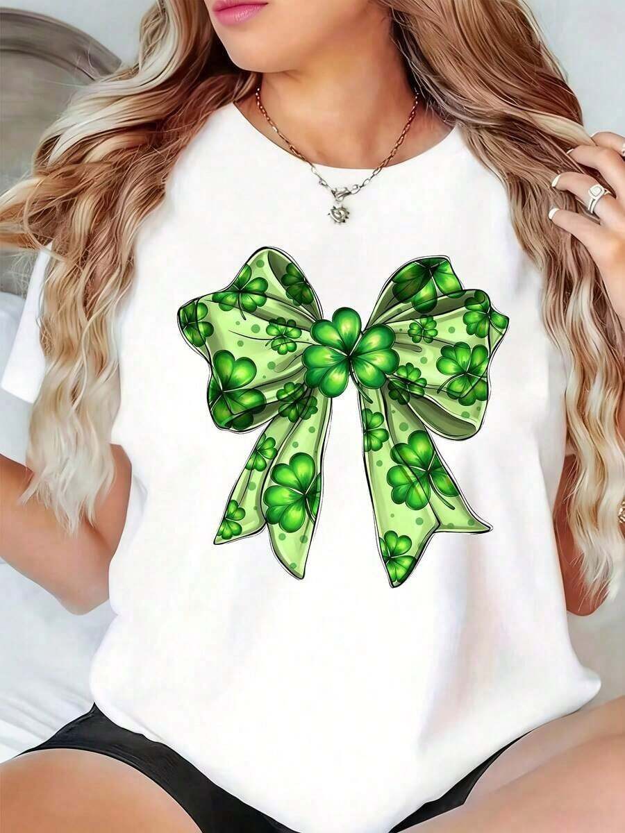 Black T-Shirt With Green Bow And Shamrock Print For Easter And St. Patrick's Day - 白色 - 查看 1