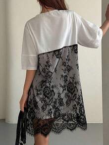 Vestido de mujer con parches de encaje sin mangas 2 en 1 con mangas cortas, vestidos de verano para mujeres - Blanco 2 - Ver 3