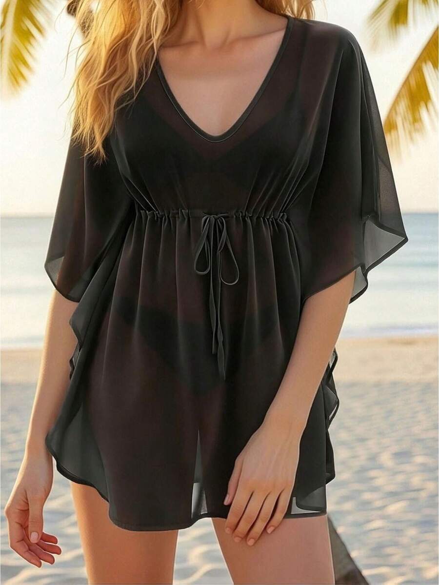 Vestido Cubridor de Chifón Transparente para Mujer, Unicolor, Cuello en V, Manga Murciélago, Cintura con Cordón, Corto, Fluido para Playa de Verano - Negro - Ver 1