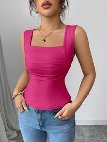 Camiseta sin mangas ajustada de cuello redondo con pliegues en color liso elegante y casual para mujer - Rosa Fucsia - Ver 6