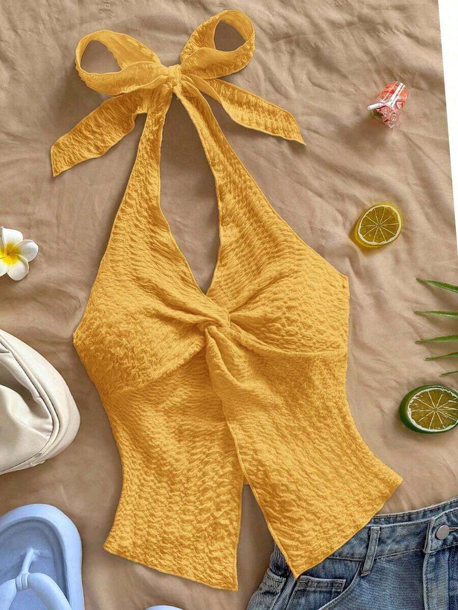 Camiseta sin tirantes sexy y con estilo, con nudo, bajo con abertura y espalda abierta - Mostaza Amarilla - Ver 1