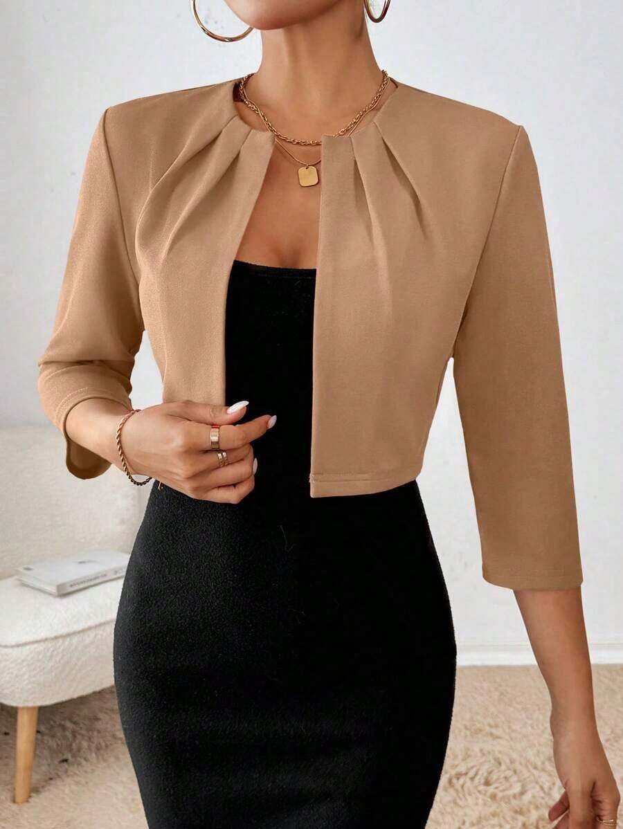 Blazer de moda casual y de negocios con frente abierto y plisado, de manga larga, para otoño/invierno - Caqui - Ver 1
