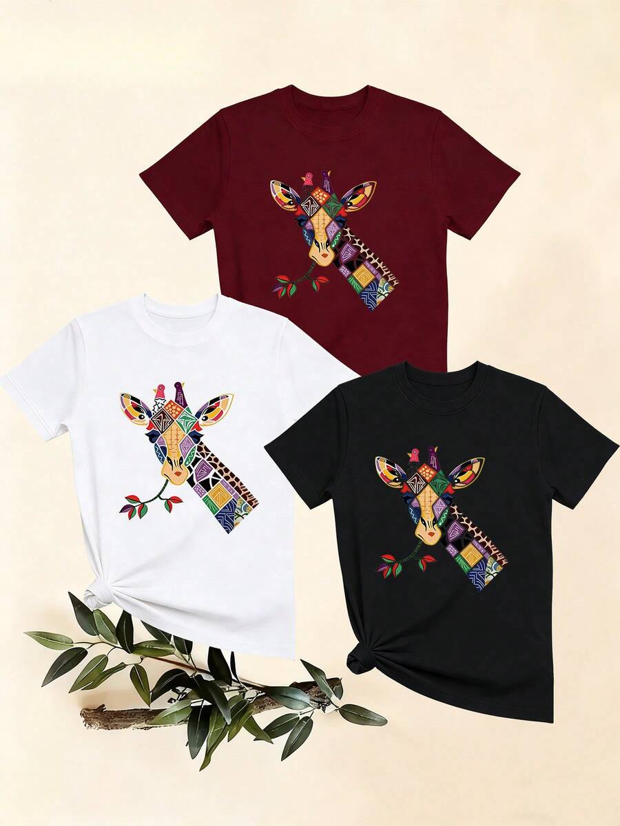 Women's T-Shirts, Women's T-Shirts, Short-Sleeved T-Shirt With Round Neck And Creative Geometric Giraffe Design, Casual And Comfortable Top. - 1件黑色隨機圖案 - 查看 1