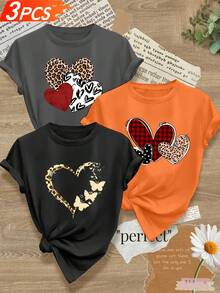 Camisetas de mujer, camisetas de mujer, camiseta casual de mujer de 1 pieza, cuello redondo, tela de elasticidad media, con estampado en forma de corazón, adecuada para usar en primavera y verano - tallas S-XXL - 1 patrón aleatorio blanco - Ver 5