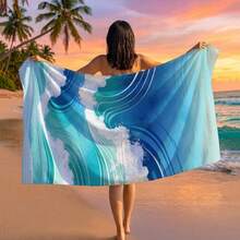 1 pieza Toalla de playa con estampado de olas, adecuada para viajes, campamento al aire libre, playa, natación, vacaciones en la playa - A - Ver 10