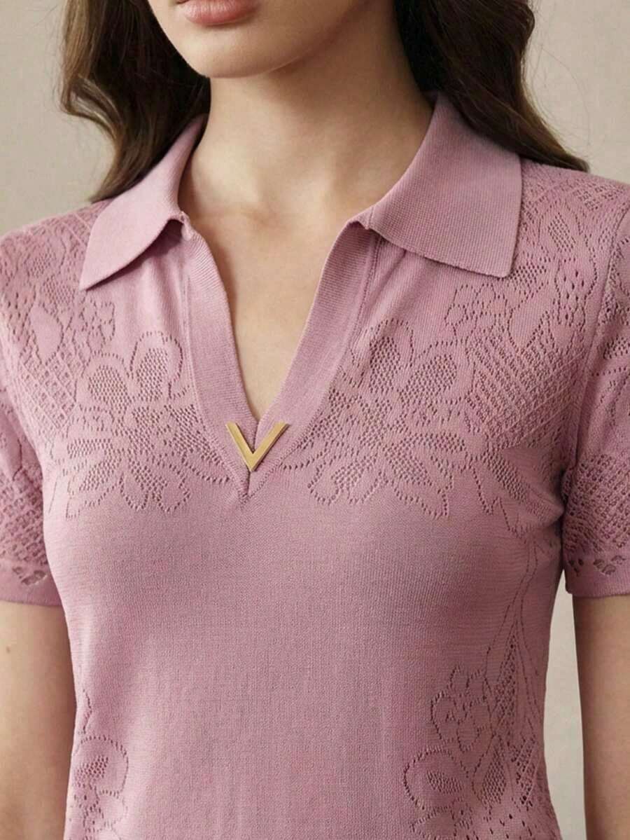 Elegante y digna blusa de punto con escote en V, bordado floral y calado, para primavera/verano - Rosa - Ver 1