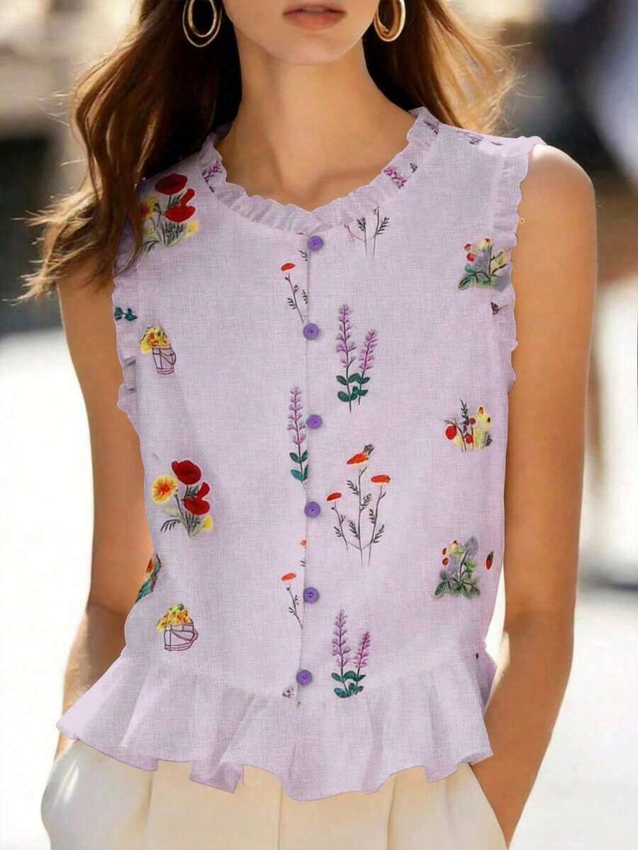 Nueva llegada de primavera/verano Blusa sin mangas con volantes de estampado floral francés dulce y único, elegante top de tirantes - Morado - Ver 1