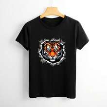 Women's Cotton Graphic T-Shirt, Casual T-Shirt With Ripped Tiger Face - Black Style. - View 5