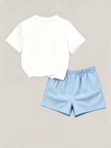 Tween-Mädchen Mode Buchstaben-Muster Rundhals Kurzarm T-Shirt und lässiges Shorts Set - Graublau - Übersicht 3