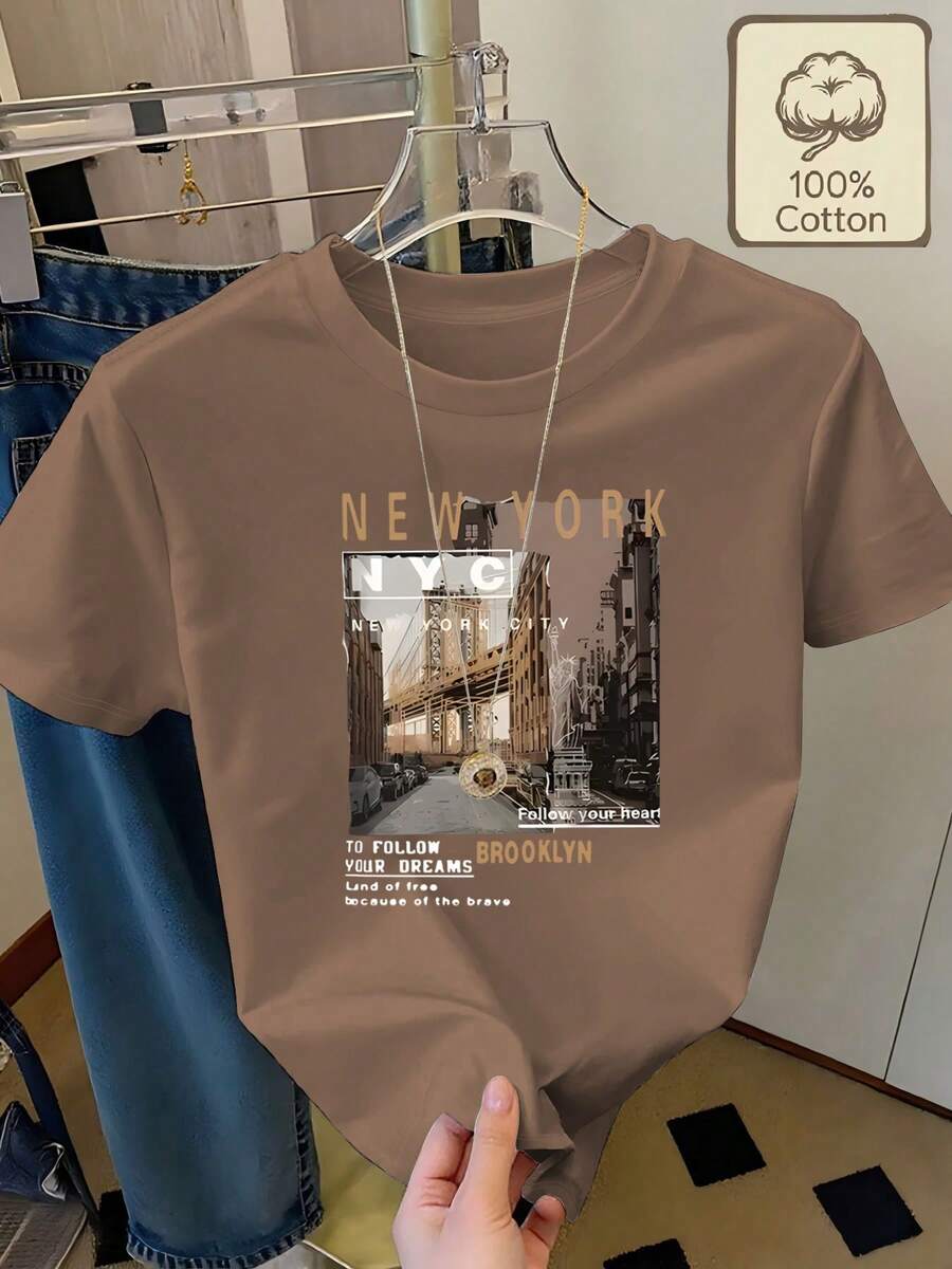 100% Cotton T-Shirt With New York City Landscape And Motivational Text Print, Round Neck, Short Sleeves, Casual Summer Clothing, Comfortable And Breathable For Women - 卡其色 - 查看 1