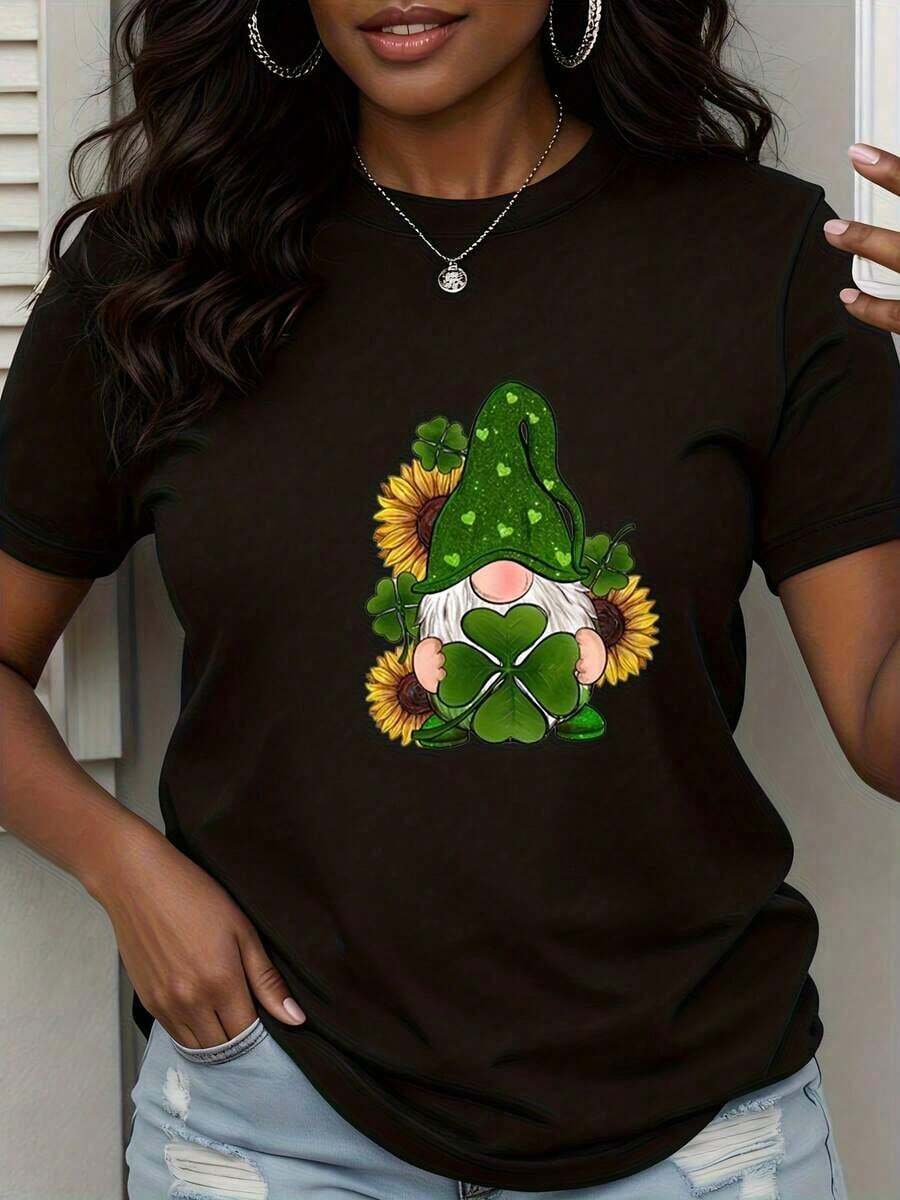 1 Piece Of St. Patrick's Day Gnome T-Shirt With Shamrock And Sunflower Design For Women, Casual White T-Shirt, 180g, 100% Cotton. - 黑色 - 查看 1