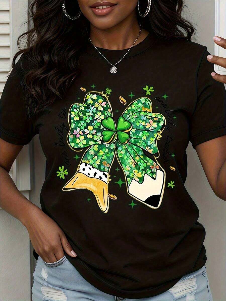 1 Piece Women's T-Shirt For St. Patrick's Day, Bow And Pencil Design With Green Shamrock, White, Casual, 180g 100% Cotton - 黑色 - 查看 1