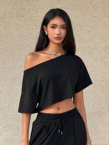 Top corto asimétrico de mujer con cuello blanco y flecos, camiseta de manga corta de moda versátil Y2K oversize y sexy, para primavera/verano - Negro 2 - Ver 3