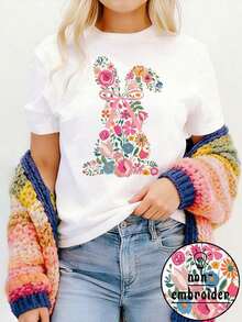Camiseta de manga corta con cuello redondo y estampado de conejo vintage en talla grande - Blanco - Ver 4