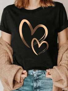 1pieza Blusas Hermosas para Mujeres Blusas Elegantes para Damas Ropa para Mujeres Tops para Mujeres Camiseta con Estampado de Corazón de 180G en Blanco y Negro con Estampado de Corazón Dorado de Alta Calidad Cuello Redondo Ajuste Básico Holgado Transpirable Versátil Lavable en Máquina Cómodo Talla S ~ 2XL Esencial para el Verano Diario Casual Deportivo. - Negro - Ver 2