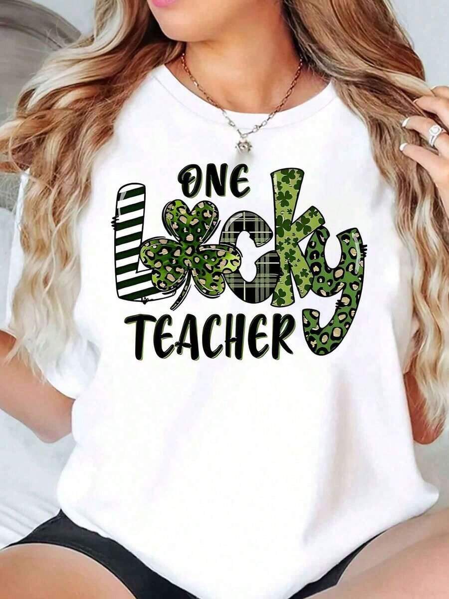 Women's T-Shirt With Shamrock Print And "One Lucky Teacher" Text For St. Patrick's Day, Everyday Wear, Round Neck, Short Sleeve, Soft And Comfortable 220 G/M² - 白色的 - 查看 1
