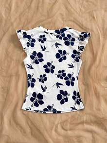 Camiseta de manga corta con estampado floral casual para mujer, de verano - Azul y blanco - Ver 2