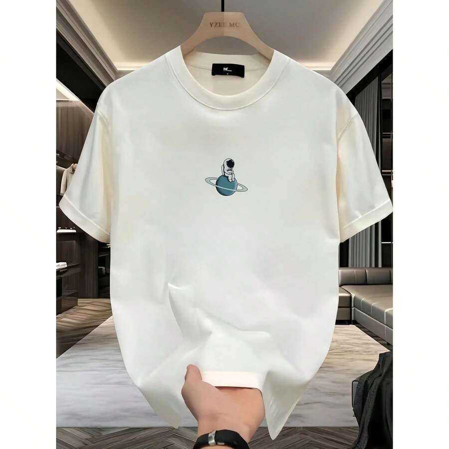 Camiseta Gráfica de Algodón 100% de Alto Gramaje para Hombre, Estampado de Planetas del Sistema Solar, Manga Corta Casual, Cuello Redondo, Top de Verano para Adolescentes y Jóvenes Adultos, Lavable a Máquina, Corte Regular, Estilo Urbano, Suave - Blanco - Ver 1