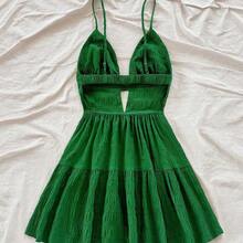 WYWH Spring/Summer Vacation V-Neck Ruched A-Line Backless Textured Mini Dress, Green, Suitable For Holiday, Date, Valentine's Day, Afternoon Tea,Sun Dress - Verde - Ver 9