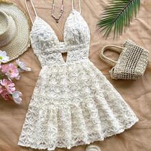 WYWH Women's Boho White Floral Mini Dress With Spaghetti Straps And Ruffle Flounce Hem, Perfect Sleeveless Summer Beach Wear White Summer Dress Beach Vacation Dress White Floral Dress Vacation Dress Boho White Dress - Blanco - Ver 2