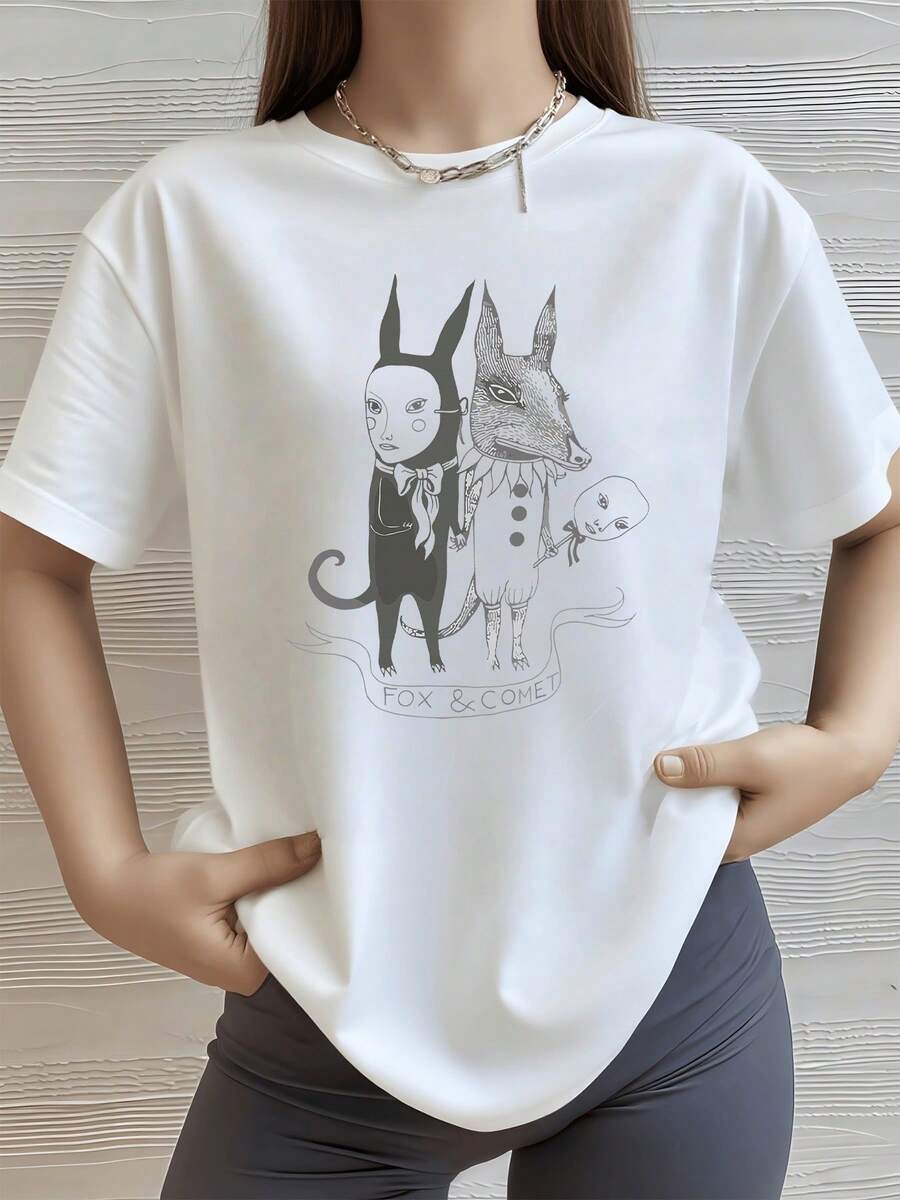 Dos figuras de animales fantásticos que representan la dualidad del alma y la conexión entre la sabiduría del zorro y la energía cósmica en una obra artística única camiseta de mujer casual moderna cómoda para uso diario - Blanco - Ver 1