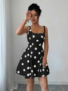 Vestido corto elegante negro con lunares de escote cuadrado - Amarillo claro - Ver 9