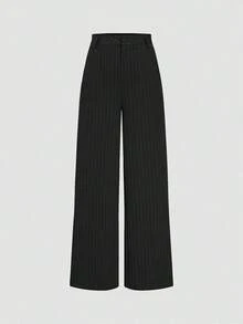 Pantalones rectos de cintura alta y pierna ancha con rayas, de moda casual para mujer en primavera - Negro - Ver 1