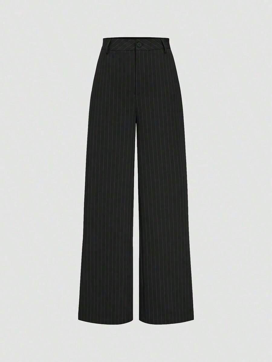 Pantalones rectos de cintura alta y pierna ancha con rayas, de moda casual para mujer en primavera - Negro - Ver 1