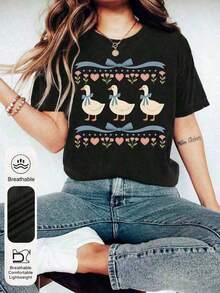 Camiseta Casual 1 pieza para mujer, estilo retro de los 80, de corte holgado, con estampado de pato coqueta, lazo y flores, de algodón suave, manga corta, estilo casual urbano para mujer, 180g - Camisetas de verano de manga corta con estampado gráfico para mujer, bonitas camisetas casuales de playa, conjunto dulce para el Día de la Madre, camisetas gráficas, camisetas gráficas occidentales, ropa para hombre, camisas para hombre, camisetas gráficas, ropa de mujer, tops de verano, ropa de verano, camisetas gráficas, 100% algodón, duradera. - Negro - Ver 1