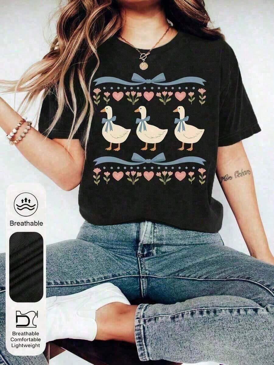 Camiseta Casual 1 pieza para mujer, estilo retro de los 80, de corte holgado, con estampado de pato coqueta, lazo y flores, de algodón suave, manga corta, estilo casual urbano para mujer, 180g - Camisetas de verano de manga corta con estampado gráfico para mujer, bonitas camisetas casuales de playa, conjunto dulce para el Día de la Madre, camisetas gráficas, camisetas gráficas occidentales, ropa para hombre, camisas para hombre, camisetas gráficas, ropa de mujer, tops de verano, ropa de verano, camisetas gráficas, 100% algodón, duradera. - Negro - Ver 1