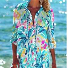 Pareo de playa de una sola hilera con estampado tropical para vacaciones de verano para mujer - Azul - Ver 3