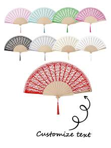 1pc/10pcs Custom Name Lace Folding Fan, Personalized Engraved Wooden Hand Fan With Tassel, Wedding & Bridal Shower Favor Gift - Multicolor - View 2