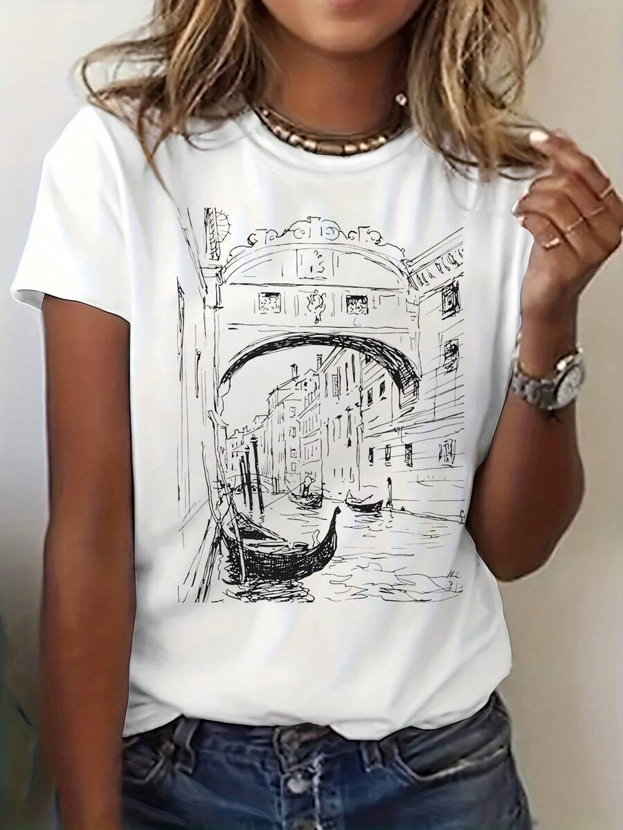 Camiseta de manga corta con cuello redondo y estampado del punto turístico de Venecia para mujer, estilo casual para vacaciones europeas. - Blanco - Ver 1