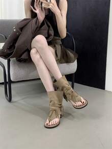 Maillard Retro Tassel Strap Thong Sandals, Western-Style Flat Roman Sandals - 卡其色 - 查看 2