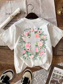Camiseta Casual de Verano para Mujer - Estampado de Cruz Floral de Jesús, Cuello Redondo, adecuada para uso al aire libre, estilo callejero Y2K, estética punk, para la temporada de regreso a clases, viajes, clubes, gimnasios, entornos deportivos y ocasiones festivas - Camiseta Vintage de Estilo Urbano Unisex, Holgada, de Algodón, Manga Corta y Cuello Redondo, blusas para mujer. blusas.blusas casuales para dama. - Blanco - Ver 2