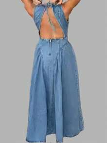 Vestido primavera mujer cuello redondo liso espalda descubierta elegante estilo trabajo europeo - Azul - Ver 4
