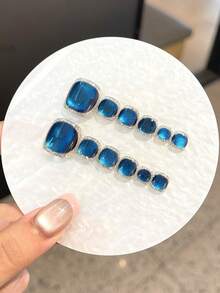 12片装【脚趾甲】高品质夏季小巧清新手工按压式脚趾甲,蓝宝石点钻猫眼美甲,适合女士和女孩日常舞会佩戴。按压式美甲配有果冻胶和可拆卸重复使用的磨砂条。 - 藍色 - 查看 6