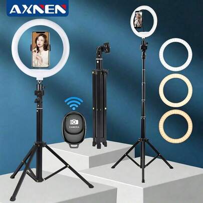 AXNEN 10-Inch Ring Light Stand, 52.3-Inch Tall Phone Holder, Adjustable Brightness LED Ring Light Tripod, Suitable For Photography, Selfie Videos, Recording, Meetings, Etc.