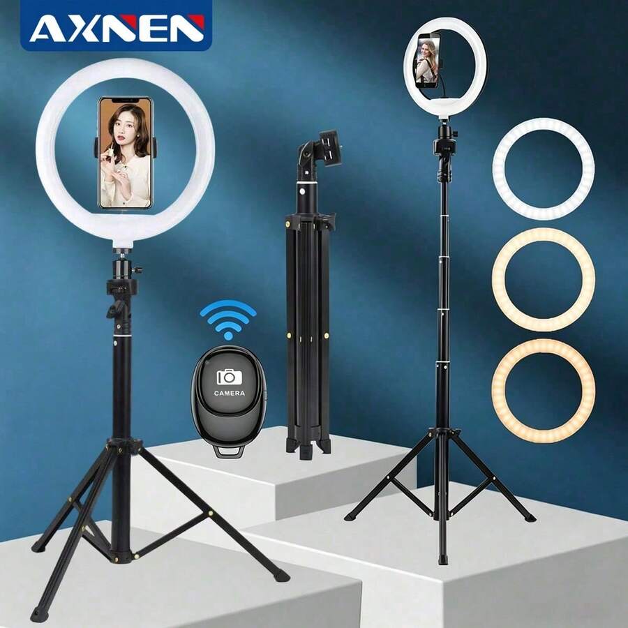 AXNEN 10英寸环形灯支架，52.3英寸高手机支架，亮度可调LED环形灯三脚架，适用于摄影、自拍视频、录音、会议等。 - 黑與白 - 查看 1