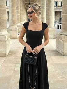 Vestido largo invierno estilo francés liso ajustado con tirantes cremallera y lazos traseros elegante moda para mujer - Negro - Ver 9