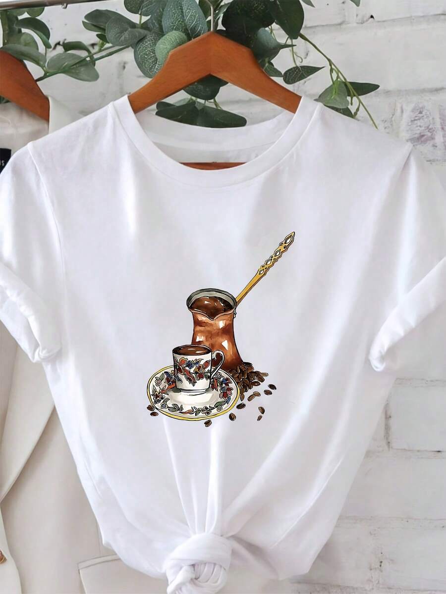 T-Shirt With Traditional Turkish-Inspired Graphic Print, Casual Short-Sleeved Round-Neck Top For Summer And Spring, Women's Clothing - 白色 - 查看 1